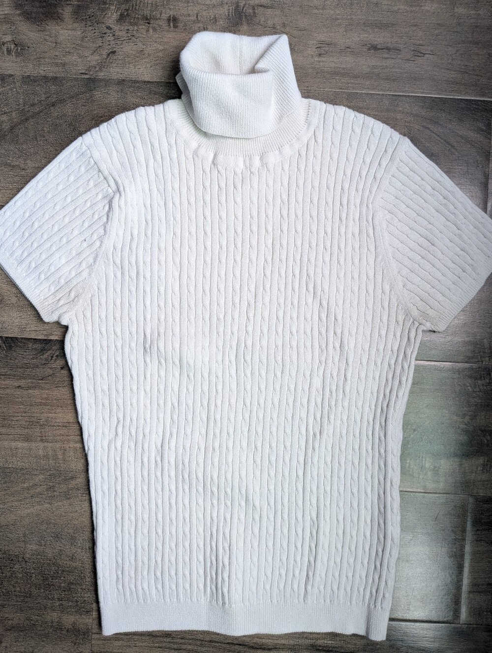 Vintage 90s Wainscott Cream Cable Knit Short Sleeve Turtleneck Sweater M Cotton